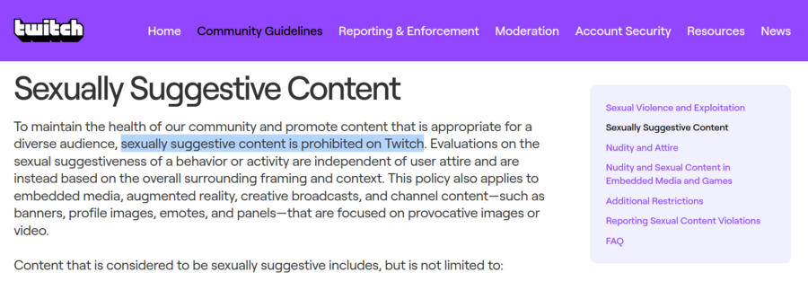 Screenshot of Twitch policy page, saying sexually suggestive content is prohibited
