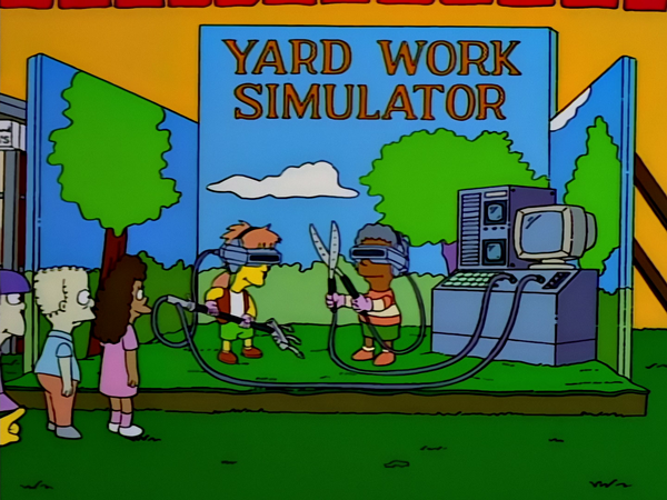 Screencap from The Simpsons, where boys play a Yard Work Simulator virtual reality game.